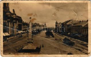1917 Arad, Szentháromság szobor, Schwarz Simon Fiai és Társa üzlete. Bloch H. kiadása / Holy Trinity statue, shops, street view (b)