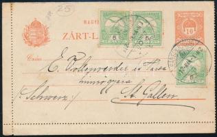 1912 10f díjjegyes zárt levelezőlap Turul 3 x 5f díjkiegészítéssel "BÁNFYHUNYAD" Svájcba küldve