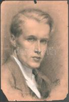 Lovaghy István (1898-?): Portré (önarckép?), 1920 körül. Szén, papír, jelzett, lap széle sérült, 37x25,5 cm. / István Lovaghy (1898-?): Portrait (self-portrait?), 1924. Charcoal on paper, signed, damaged on the edges, 37x25,5 cm.