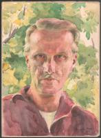 Lovaghy István (1898-?): Portré (önarckép?), 1956. Akvarell, papír, jelzett, papírra kasírozva, 34x25 cm. / István Lovaghy (1898-?): Portrait (self-portrait?), 1924. Watercolour on paper, signed, mounted on paper, 34x25 cm.