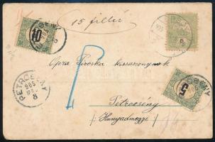 1905 Képeslap Turul 5f bérmentesítéssel "ORSOVA" Petrozsénybe küldve, ott megportózva 5f és 10f Zöldportóval / Postcard with postage due