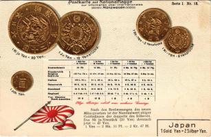Japan. Postkarte mit Nationalflagge / Japanese set of coins, currency exchange chart and flag. Serie I. Nr. 13. Emb. litho (lyuk / pinhole)
