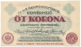 Kenyérmező / Hadifogolytábor 1916. január 15. 5K arab sorozat- és sorszámmal "00112 42219" T:F szép papír, két helyen kisebb szakadás Hungary / Kenyérmező / POW Camp 15.01.1916. 5 Kronen with arabic series and serial number "00112 42219" C:F fine paper, two small tears Adamo HHK-1.8