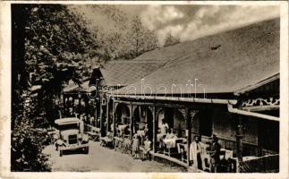 1943 Lévárt, Lévárt-fürdő, Lévárd, Gemer-Levárdske Kúpele, Leváre; Gyógyfürdő, étterem verandája vendégekkel és pincérekkel, automobil. Blasko János kiadása / spa restaurant, terrace with guests and waiters, automobile (fl)