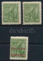 1922 Országos Gyermekvédő Liga 3 db zöld színű bélyeg, egyik felülnyomva 200K