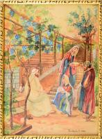 Pomikula J jelzéssel: Mária és Márta (Bibliai jelenet). Akvarell, papír. Üvegezett fakeretben. 32x24 cm