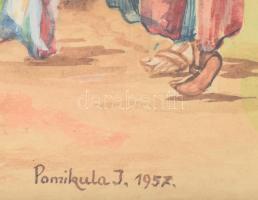 Pomikula J jelzéssel: Mária és Márta (Bibliai jelenet). Akvarell, papír. Üvegezett fakeretben. 32x24...