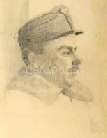 Olvashatatlan jelzéssel: Katonaportré, 1920. Ceruza, papír. Lapszéli kisebb szakadással. Kissé foltos. 42,5x29 cm