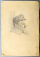 Olvashatatlan jelzéssel: Katonaportré, 1920. Ceruza, papír. Lapszéli kisebb szakadással. Kissé folto...