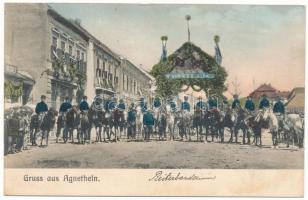 1911 Szentágota, Agnetheln, Agnita; Reiterbanderium / lovas bandérium, katonák üdvözlése, Wagner üzlete / cavalry, banderium, shops (fl)