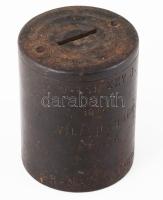 I. világháborús emlék persely, masszív fém, "Kasitzky J. 1914-15 világháború emlék gránát anyagból" felirattal, lecsavarható fedéllel, pénzbedobó nyílással, m: 9 cm, d: 7 cm