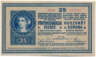 1918. 25K "3023" 4mm, hullámos hátlappal T:AU több enyhe sarokhajlás / Hungary 1918. 25 Korona "3023" 4mm, wavy backside C:AU multiple corner folds Adamo K22/5