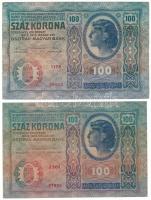 1912. 100K felülbélyegzés nélkül, 2xklf színváltozat: "1170" barnás nyomat + "2301" vöröses nyomat T:F, szép papír, egyiken pici szakadás Adamo K28