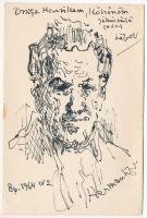 Hermann Lipót (1884-1972): Önarckép, 1964. Tus, papír, jelzett, Hermann Lipót autográf soraival. Lapszéli apró folttal. 15,5x10 cm