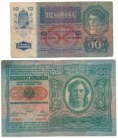 Ausztria 1919(1915) 10K "1251 075387", piros "DEUTSCHÖSTERREICH" felülbélyegzéssel, egyik oldal német, másik oldal magyar + 1919(1912) 100K "3381 82295", piros "DEUTSCHÖSTERREICH" felülbélyegzéssel, mindkét oldal német T:VG Austria 1919(1915) 10 Kronen "1251 075387", with red "DEUTSCHÖSTERREICH" overprint, obverse in German, reverse in Hungarian + 1919(1912) 100K "3381 82295", with red "DEUTSCHÖSTERREICH" overprint, both sides in German C:VG Krause P#51, P#56