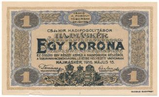 1916. Hajmáskér / hadifogolytábor 1916. május 15. 1K római sorozat és arab sorszámozás, "MS" jelzéssel, "XXI 0463" T:AU,XF hajatatlan, de kis szakadás / Hungary / Hajmáskér / POW camp 15.05.1916. 1 Krone with Roman series and Arabic serial numbers, "MS" and "XXI 0463" C:AU,XF unfolded but small tear Adamo HHH-2.4.1