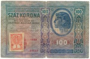 Csehszlovákia 1919(1912) 100K "1650 64633", csehszlovák 1K bélyeggel felülbélyegezve T:VG, kis anyaghiány Czechoslovakia 1919(1912) 100 Korun "1650 64633", with Czechoslovakian 1 Koruna stamp C:VG, small missing material Krause P#4