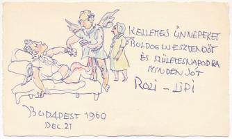 Hermann Lipót (1884-1972): A szárnyas orvos, 1960. Golyóstoll, ceruza, papír, jelzett, Hermann Lipót autográf újévi és születésnapi köszöntő soraival. Lapszéli apró folttal. 9,5x15,5 cm