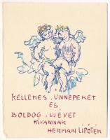 Hermann Lipót (1884-1972): Szerelmes puttók, 1960 körül. Golyóstoll, ceruza, papír, jelzett, Hermann Lipót autográf újévi és születésnapi köszöntő soraival. 10x7,5 cm
