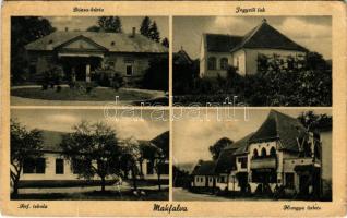 1943 Makfalva, Ghindari (Maros); Dózsa kúria, kastély, Jegyzői lak, Református iskola, Hangya üzlete és saját kiadása / castle villa, notary's house, Calvinist school, cooperative shop (gyűrődések / creases)