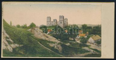cca 1915 Diósgyőri várrom és környéke, színezett nyomtatvány miskolci fotós kartonjára ragasztva, 7,5×14 cm