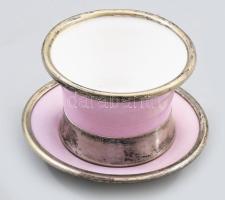 cca 1900 Sarreguemines kétrészes fűszerkínáló, fém szerelékezéssel, aljon kis repedéssel, jelzett, m: 5,5 cm