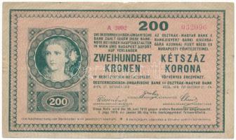 1918. 200K "A 2092 032096" hullámos hátlappal T:F, középső hajtásnál pici tépődés és szakadás Hungary 1918. 200 Korona "A 2092 032096" with wavy backside C:F, tiny tear at the middle-fold Adamo K31/6