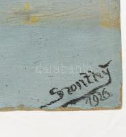 Olvashatatlan (Szontly?) jelzéssel, kétoldalas mű: Kikötő és vízparti táj, 1926. Olaj, karton. Kissé...