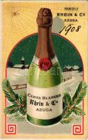 1907 Azuga, Pivnitele Rhein &amp; Cie. / Rhein &amp; Co. Cellars, wine and sparkling wine factory, winery advertisement card with spider web and champagne bottle. Art Nouveau, Emb. litho (pinhole)