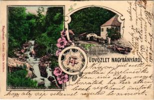 1903 Nagybánya, Baia Mare; Kereszthegyi tárna bejárata, bánya, iparvasút, a második vízesés a Szturi-völgyben. Kovács Gyula kiadása, szecessziós-virágos keret / mine entrance, industrial railway, waterfall. Art Nouveau, floral (EB)