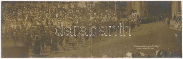 1908 Kaiserhuldigungs-Festzug. Tiroler Landsturm 1809 / 60th Anniversary of Franz Joseph's reign, military parade, 2-tiled folding panoramacard + "BEZENYE POSTAI ÜGYN." (r)