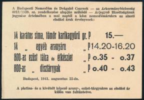 1941 A Budapesti Nemesfém és Drágakő Csarnok által kiadott napi kötelező eladási árlista kartonon
