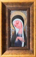 Vágó István: Madonna. Tűzzománc kép fém lemezen, dekoratív keretben, jelzett, 21x10,5 cm