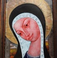 Vágó István: Madonna. Tűzzománc kép fém lemezen, dekoratív keretben, jelzett, 21x10,5 cm