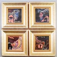 Vágó István: A négy alapelem. 4 darab tűzzománc kép fém lemezen, dekoratív keretben, jelzett, 11,5x11,5 cm