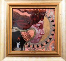 Vágó István: A négy alapelem. 4 darab tűzzománc kép fém lemezen, dekoratív keretben, jelzett, 11,5x1...