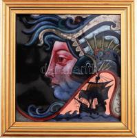 Vágó István: A négy alapelem. 4 darab tűzzománc kép fém lemezen, dekoratív keretben, jelzett, 11,5x1...