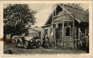 1916 Vom östlichen Kriegsschauplatz. Schemo am Narocz-See. Vor einer Fernsprechstelle. Verlag Gebrüder Hochland / WWI German military, soldiers, telephone station, automoblie + "R.J.B. 264. 7. K." (fl)