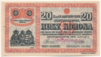 Ostffyasszonyfa / Hadifogolytábor 1916. június 1. 20K arab sorozat- és sorszámmal "3 0554", piros "Ostffyasszonyfa" bélyegzéssel T:AU / Hungary / Ostffyasszonyfa / POW Camp (Kriegsgefangenenlager) June 1st 1916. 20 Korona / Kronen arabic series and serial numerals "3 0554", with red "Ostffyasszonyfa" overprint C:AU Adamo HHO-2.7.1