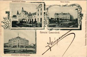 1899 (Vorläufer) Temesvár, Timisoara; Józsefvárosi indóház, vasútállomás, takarékpénztár, városi bérház. Carl Garte, Trautmann György kiadása / Iosefin railway station, savings bank, tenement palace. Art Nouveau, floral frame (EB)