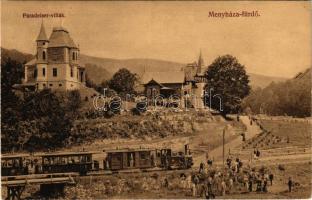 Menyháza, Monyásza, Moneasa; Paradeiser villák, kisvasút, vasútállomás. Fái Károly kiadása / villas, light railway station, locomotive, train