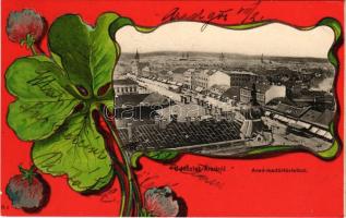 1903 Arad, látkép madártávlatból. Réthy L. és Fia kiadása. Szecessziós lóherés litho keret / general view. Art Nouveau, litho frame with clover (EK)
