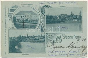 1899 (Vorläufer) Szászrégen, Sächsisch-Regen, Reghin; Schloss in Abafája, Stadtteil / Huszár kastély (Abafája), Maros-part. Szecessziós-virágos keret / castle in Apalina (Abafaia), Mures riverside. Kunstanstalt Karl Schwidernoch Art Nouveau, floral frame (EK)