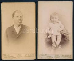 cca 1900 Férfi és kisgyermek portréi, 2 db vizitkártya Mosinger Rudolf (1865-1918) varasdi (Warasdin, Varaždin) műterméből, 11x6,5 cm (Ritka műterem!)