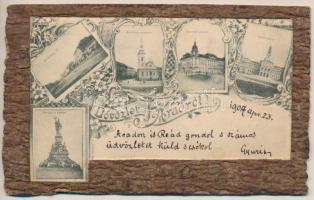 1907 Arad, Andrássy tér, Római katolikus templom, Csanádi palota, Városháza, Vértanúk szobra. Egyedi készítésű fakéreg képeslap / square, Catholic church, railway palace, town hall, monument. Art Nouveau, floral - custom postcard made out of tree bark