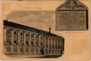 Kolozsvár, Cluj; Római katolikus gimnázium, emléktábla. Dunky Fivérek műterméből / Roman Catholic high school, memorial (szakadás / tear)