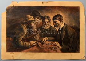 Révész Imre (1859-1945): Osztozkodók. Színezett rézkarc, papír, jelzett, sérült, 31×49 cm