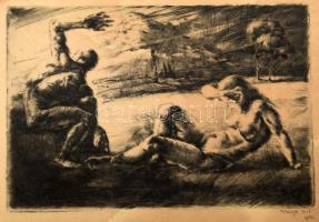 Varga Nándor Lajos (1895-1978): Jelenet, 1924. Rézkarc, papír, jelzett, foltos, kartonra kasírozva, 20×29,5 cm