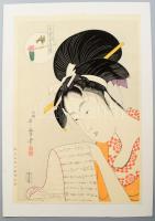 Kitagawa Utamaro (1753-1806): Hanazuma levelet olvas. Reprodukciós fametszet, papír, jelzett, 38x25,5 cm.