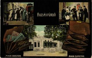 Buziásfürdő, Baile Buzias; Gyógyterem, szálloda. Mikor érkeztem - mikor elutaztam humoros montázs. Francz József kiadása / spa hotel. Humour montage (EK)